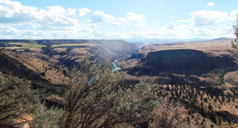 a river runs through a vast hilly landscape with a blue sky dotted with clouds above.